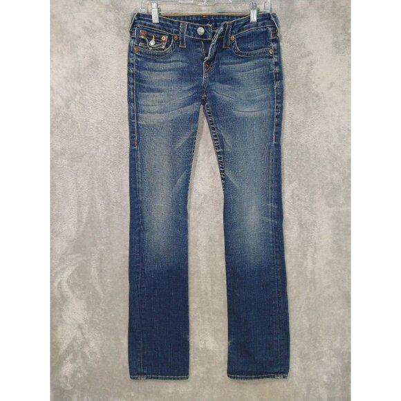 True Religion Jeans Womens 28 Blue Denim Billy Flap Pockets Straight Leg - Picture 2 of 10